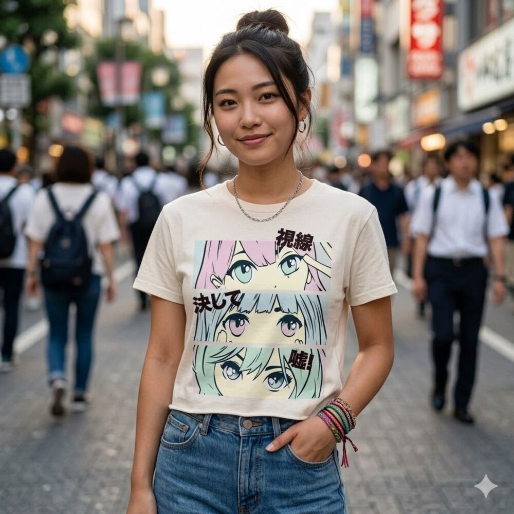 Love Tribe Anime Eyes Graphic T-Shirt Medium Cream Japanese Kanji Manga Y2K Tee